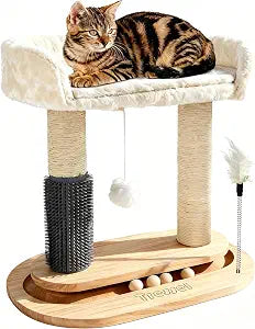 Small Wooden Cat Tree for Kittens and Small Cats, 6-in-1 Cat Tower for Indoor Cats with Bed, Sisal Scratching Post, Self-Grooming Brush, Ball Track, Plush Ball and Feather Toy, 16.5" H