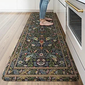 KIMODE Kitchen Mats Cushioned Antigue,Vintage Boho Floral Bird Kitchen Rugs Runner Non Slip,Wide Long Memory Foam Kitchen Floor Mat for Laundry Sink Office Home,Navy Blue Green