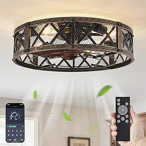 LEDIARY 20" Caged Ceiling Fan with Light, APP&Remote Control, Small Flush Mount Farmhouse Fan Lights, Low Profile Rustic Bladeless Ceiling Fan Fixtures for Bedroom, Kitchen-Black Gold Color