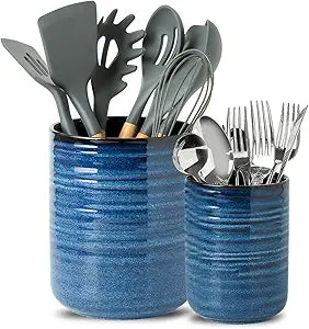 HASENSE Ceramic Utensil Holder Set of 2 (7.4"+5.5"), Modern Farmhouse Kitchen Utensil Crocks for Countertop, Blue Kitchen Tool Organizer for Spatulas, Whisks, Tongs & Cooking Tools