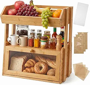 Bamboo Bread Box for Kitchen Countertop, 2 Tier Large Storage with Fruit Basket Top and Window, Farmhouse Organizer for Snacks & Vegetables