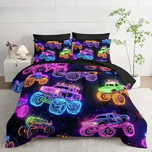 Colorful Neon Off-Road Racing Truck Comforter 7Pcs Cool Speed Race Car Bedding Set for Kid Boy Girl Adult Extreme Sports Games Quilt Set Queen with 2 Sheets,2 Pillowcases,2 Throw Pillow Covers