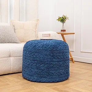 Poofieotto Unstuffed Ottoman Pouf Cover  Round Faux Fur Footstool Plush Floor Pouf (No Filler Included) Perfect for Living Room, Bedroom, or Office Lounge (Navy Blue, 20x20x15 in)