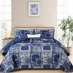 Cottolester Blue Patchwork Quilt Set Queen Size,Boho Navy Blue Quilt Set,Paisley Farmhouse Bedspread Soft Microfiber Bedding Set for All Season 96"x90"