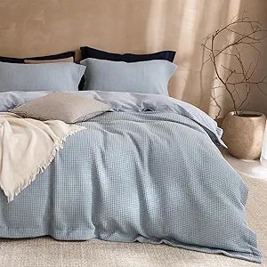 Cornflower Blue Waffle Bedding Duvet Cover Set Queen Size 90 x 90 Inches100% Washed Cotton Bedding Set with Premium Drape Includes Duvet Cover and 2 Pillowcases, Oeko TEX Certified