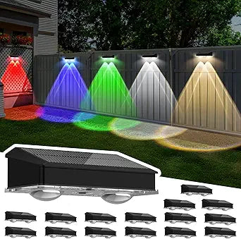 Solar Fence Lights Outdoor 16 Pack, Warm White & Cool White & 6 Colored+RGB Color Changing, High Bright LED Spot Lens Deck Lights Dusk to Dawn for Backyard Stair Railing Patio Wall, IP65 Waterproof