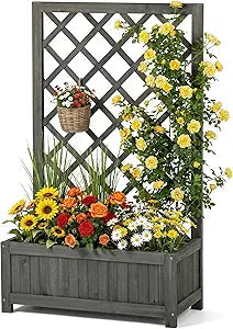 Wooden Raised Garden Bed with Trellis, 40" Outdoor Planter Box for Climbing Plants, Vertical Modern Gray Garden Planter for Vegetables, Flowers & Vines, Lattice Plant Support for Patio Yard Balcony