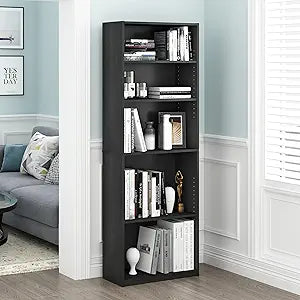 Furinno Jaya Book Shelf, 5-Tier Bookshelf, Tall Standing Bookcase with Adjustable Shelves, 9.5 x 24.5 x 71.2, for Living Room, Bedroom, Home Office, Darkwood