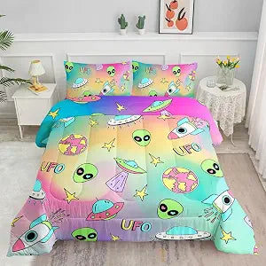 Comforter Set 3pcs (1 Comforter + 2 Pillowcases) for Boys Girls Alien Printed Bedding Comforter Set,Duvet for All Seasons(Alien Full)
