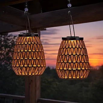 Scentsationals Fusion 2-Pack Woven Solar Lanterns, 11 Metal Frame & Wicker Outdoor Lanterns with Solar Puck Light, Cordless Decorative Patio & Garden Lighting, Warm LED, AA Rechargeable Battery