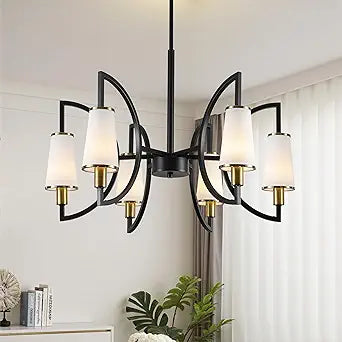 26.8" Black Gold Chandelier with White Shades, 6-Light Modern Farmhouse Chandeliers for Dining Room, Height Adjustable Industrial Light Fixture for Kitchen Island Foyer Entryway Hallway Living Room
