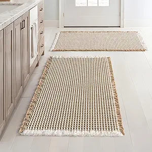 MIULEE Set of 2 Waffle Bathroom Rugs, Boho Bath Rugs Non Slip Washable, Super Absorbent Bath Mats, Ultra Soft Rubber Backed Shower Mats for Bathroom Floor, Tub, Brown & White, 18x30 Inch