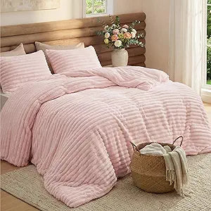 Bedsure King Fluffy Comforter Set - GentleSoft 3 Pieces Luxury Fleece Pink Bedding, Cozy Room Decor Aesthetic, 1 King Bed Comforter (104"x90") and 2 Pillowcases (20"x36")