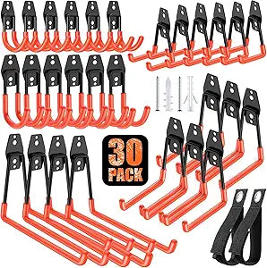 30 Pack Heavy Duty Garage Hooks,Solid Steel Wall Mount Hangers,with Anti-Slip Coating,for Hanging and Organising Ladder,Bike,Ropes,Broom,Garden,Yard and Power Tools