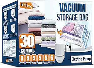 HIBAG Vacuum Storage Bags with Electric Pump, Vacuum Seal Bags for Clothing, Pillows, Blanket Bedding Comforters, 30 pack
