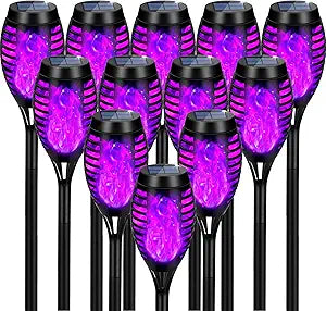 Solar Lights Outdoor, Upgraded 12 Pack Purple Solar Torch Light with Flickering Flame Waterproof for Garden Decor, Flame Torches for Outside Landscape Porch Yard Pathway Decorations