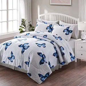 ARTALL King Comforter Set, 8 Pieces Butterfly Pattern Bedding Sets, King Size Bed in A Bag 1 Comforter, 2 Pillow Shams, 1 Flat Sheet, 1 Fitted Sheet, 1 Bed Skirt, 2 Pillowcases,Blue/White