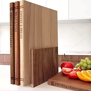 Premium 3pc Book Cutting & Charcuterie Board Set with Stand, Space-Saving Decorative Wood Cutting Board Library, 100% Natural Wood Grain Finish, Sleek Laser-Engraved Labels