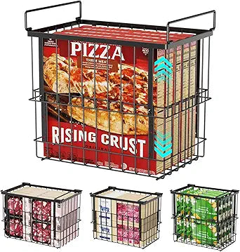 iSPECLE Deep Freezer Organizer Bins, 4 Pack Extra Large Fits 12" Pizza, Adjustable for 7 Cu.Ft Chest Freezer, Stackable Wire Baskets with Handles, Heavy Duty Storage for Bulk Meat & Frozen Food, Black