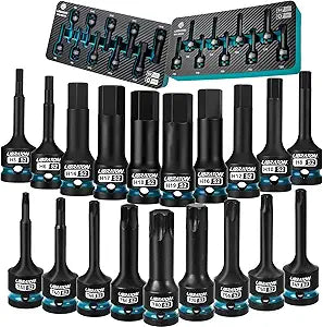 LIBRATON Impact HEX & TORX Bit Socket Set, 1/2" Dr, S2 Steel, 19PCS High Torque Sockets (H5-H19 + T30-T80) for Professional Mechanics & Automotive Repair (XPE Storage Cases)