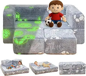 Lamerge Toddler Couch Glow in The Dark Toddler Fold Out Couch for playroom, Convertible Baby Fold Out Play Foam and Floor Cushion for Bedroom (Grey+Football)