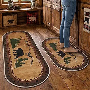 2 Pcs Bear Non Skid Rug Rustic Lodge Theme Area Rug with Bear and Cub Scene Cabin Rug Bear Farmhouse Rug Winter Kitchen Cabin Rug Christmas Bear Decor for Home Bathroom Bedroom Living Room