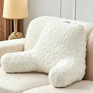 Reading Pillow, Rose Velvet Back Pillow with Arms for Bed Sitting Up, Soft Bed Pillow for Teenager Children, Backrest Pillows with Washable Cover, Chair Pillow for Watching TV/Gaming/Relaxing (White)