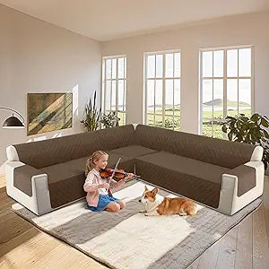 HDCAXKJ L Shape Couch Cover Sectional Sofa Cover 4 Pcs Corner Sectional Sofa Slipcovers Sets for Pets Dogs Washable Non Slip U Shaped Furniture Protector for Sectional Sofa (Brown, Large)