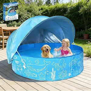 Kiddie Pool with Canopy - 47 in Foldable Kids Pool, Summer Water Play Kids Pool with Shade, Portable Non-Slip Swimming Pool & Dog Pool for Outdoor, Beach, Backyard