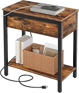 HOOBRO End Table with Charging Station, Narrow Side Table, Small Nightstand, Bedside Tables with Drawer and Storage Shelves, for Small Spaces, Living Room, Bedroom, Rustic Brown and Black BF041BZ01G1