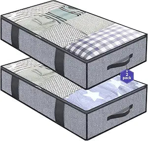 Onlyeasy Foldable Underbed Bags 2 Pack - Blankets Clothes Comforters Storage Bag Breathable Zippered Organizer for Bedroom with Clear Window and 4 Handles, 39.4x19.7x5.9 in, Linen-like Grey, MXDUBBP2