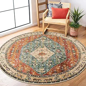 Lahome Felice Boho Tribal Round Rugs 5ft Washable Kitchen Round Area Rug, Non Slip Bedroom Living Room Circle Circular Rug, Oriental Low Pile Entryway Carpet for Bathroom (Rust/Dull Teal,5ft-Round)