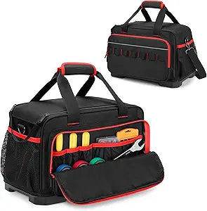 Rexmica 15-Inch Tool Bag, Heavy Duty Tool Tote Bag with EVA Hard Bottom and Carrying Strap, Multi-functional Tool Storage Organizer for Electrician, Plumber, Mechanic, Automotive, Black-red