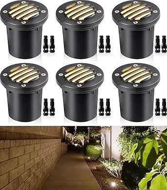 SUNVIE 12W Low Voltage Landscape Lighting Anti-Glare LED Well Lights(Grated Top) 12V-24V Waterproof Outdoor In-Ground Lights 3000K Landscape Lighting for Garden Yard Pathway 6 Pack with Connectors