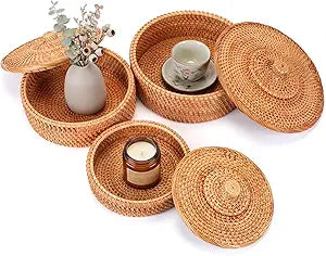 Newtay 3 Pack Rattan Basket with Lid, Round Wicker Storage Basket Woven Box Rattan Storage Bin for Farmhouse Picnic Bread Table Shelves, Natural Color, 3 Size