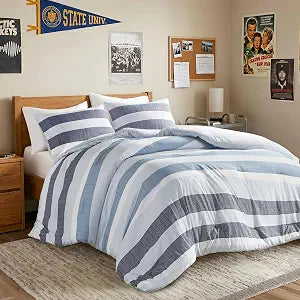 Full/Queen Size Comforter Set Navy Blue - 3 Pieces Modern Striped Quilt Bedding for Dorm All Season Soft Lightweight Reversible Bed Set with Comforter & Shams | Lightweight Soft