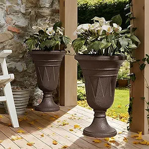 Tall Urn Planters for Outdoor Plants Set of 2-23.6" H Vintage Trophy Design Outdoor Planters for Porch Decor with Drainage Hole, Indoor Large Flower Pots, Pedestal Planter/Garden Vase, Brown