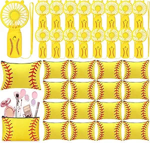 Tuanse 32 Pcs Softball Handheld Fan with Makeup Bags, Softball Swag Gift Bulk Party Favors for Team, Mini Portable Battery Powered Fan, Yellow