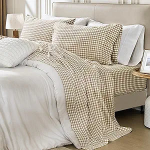 PURE ERA Tan Gingham Sheets Set 100% Washed Cotton Linen Like Textured Breathable Soft 4 Pieces Brown Plaid Checkered Bed Sheets Queen Size with 15" Deep Pocket (Brown Gingham, Queen)