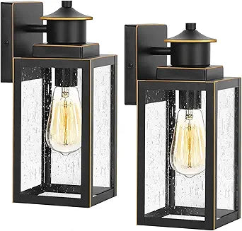 BesLowe 2-Pack Outdoor Wall Lights, Porch Lights Outdoor Wall Sconces with Seeded Glass, Exterior Lighting Fixtures Wall Mount, Outside Lights for House Front Door Patio Garage, Black with Gold Trim