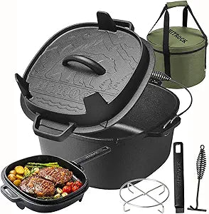 HITROCK Cast Iron Camp Dutch Oven 9QT, Pre-Seasoned Camping Dutch Oven with Lid, Flat Bottom Outdoor Pot with Lid Lifter,Pot Stand, Storage Bag & Handle for Camping, Baking, Grilling, Rounded-square Shape