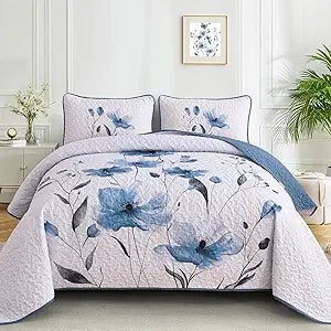 Mybedsoul Floral Quilt Set King Size, 3 Pieces Blue Bedspread Coverlet Set, Lightweight Farmhouse Botanical Bedding Set for Fall Winter All Season(104"x90")