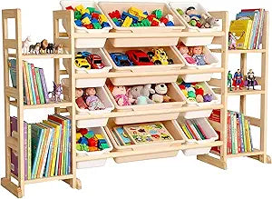 Amdermi Kids Toy Storage Organizer, 52 Inch White 6-Shelf Bookcase with 12 Bins, Cubby Toy Organizer for Toddler Playroom, Bedroom, Nursery