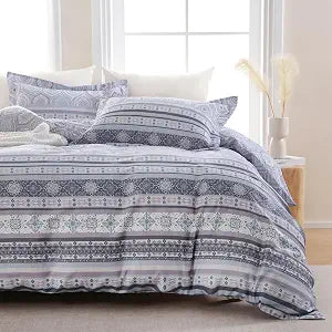 Boho Cotton Duvet Cover Queen,Bohemian Stripe Geometry Pattern,Blue Purple