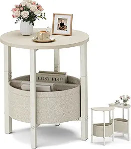Vagusicc Small Round Side Table End Table, Tall Accent Table with Storage Basket, Set of 2 Half Round Tables Half Moon Tables, Coffee Bedside Tables, Modern Nightstand for Living Room Bedroom, Cream