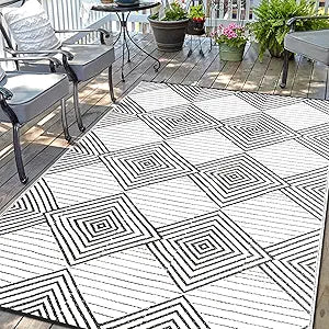 Waterproof Outdoor Rug 6x9ft, Foldable Reversible Plastic Straw Mat for Patio RV Deck Porch Backyard Balcony Camping Picnic Beach Indoor Outdoor Carpet, Black&White