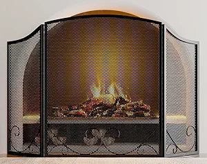 Lizh Metalwork 3-Panel Black Wrought Iron Fireplace Screen,48"(L) x 29"(H) Spark Guard with Scrolling Design,Decorative Hearth Screen