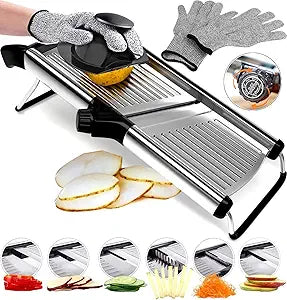Stainless Steel Mandoline Slicer for Kitchen  6-Setting Adjustable, 16.5 x 5 In. Platform, Hand Guard, Cut-Resistant Gloves  Vegetable Chopper, Meat Slicer, Cheese Slicer by Medove