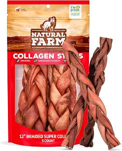 Natural Farm Odor-Free Super Braided Collagen Dog Chews (12-Inch, 5-Pack) First Ever Real Bull Sticks Alternative: 100% Natural Angus Hide Collagen Treats - More Protein, More Chew Time for All Dogs