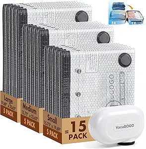 Travel Vacuum Storage Bags with Pump, Carry-on Luggage Compression Bags + Portable Electric Pump, 80% Space Saver for Clothes, Vacuum Seal Bags for Clothing Packing Travel, Pack of 15